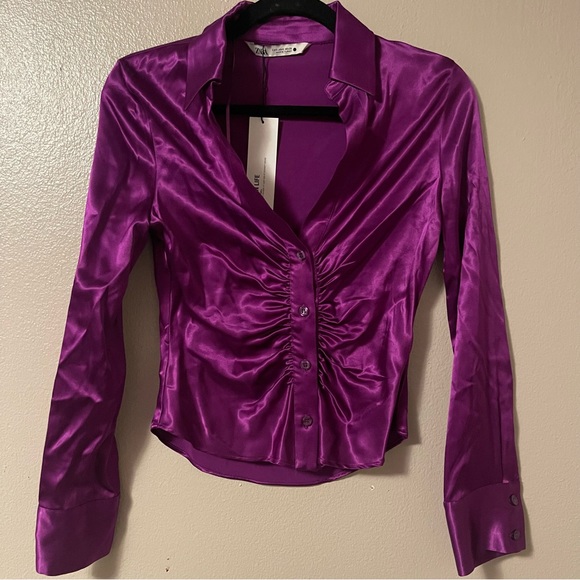 Zara Tops Nwt Zara Purple Satin Pleated Shirt Poshmark